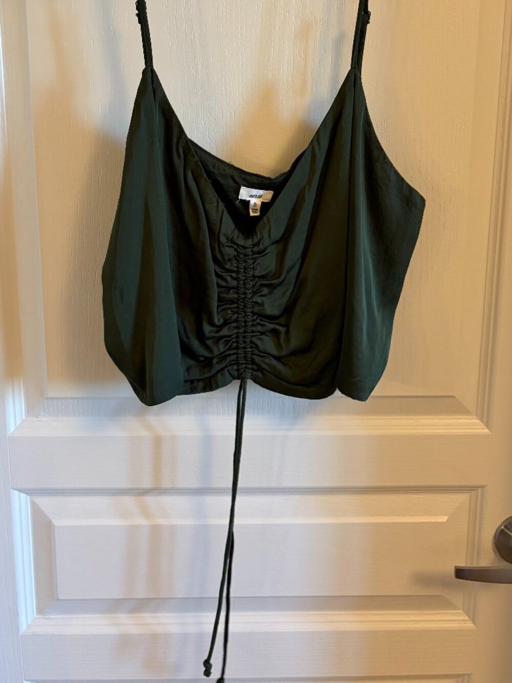 Aerie Cinched Satin Rouched Tank Top with Drawstrings - Olive Green, XL